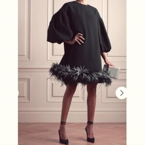NWT HUISHAN ZHANG POPPY FEATHER TRIMMED CREPE DRESS IN MIDNIGHT